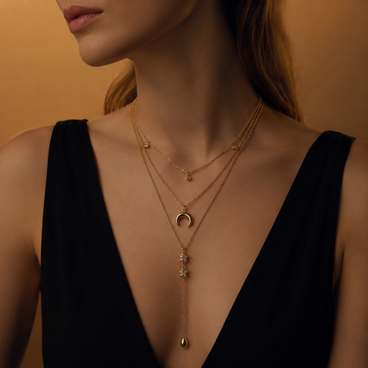 Star & Moon Layered Necklace on model